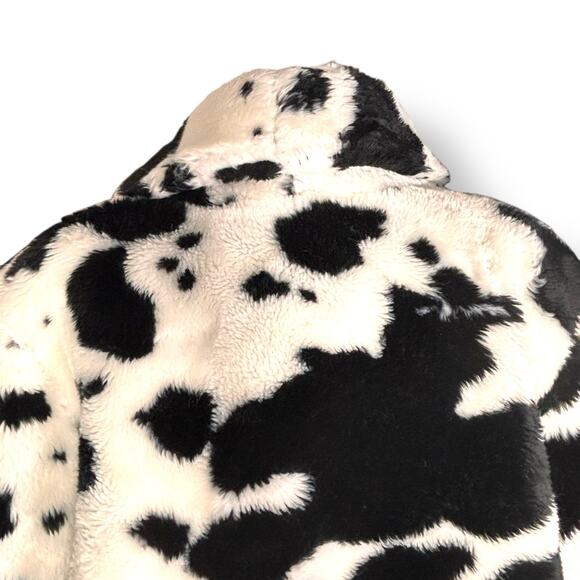 Vintage 90s Black White Western Coat Cow Print Cropped Fleece Faux Fur Jacket - Picture 5 of 10